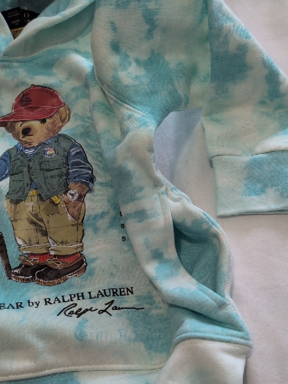 Ralph Lauren Kids Polo Bear Hoodie in Light Blue and White Tie-Dye - Picture 6 of 12
